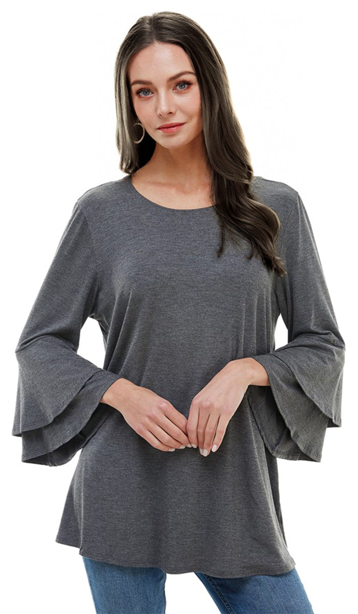 Maysa Soft Stretch Tiered Bell Sleeve Tunic - Charcoal