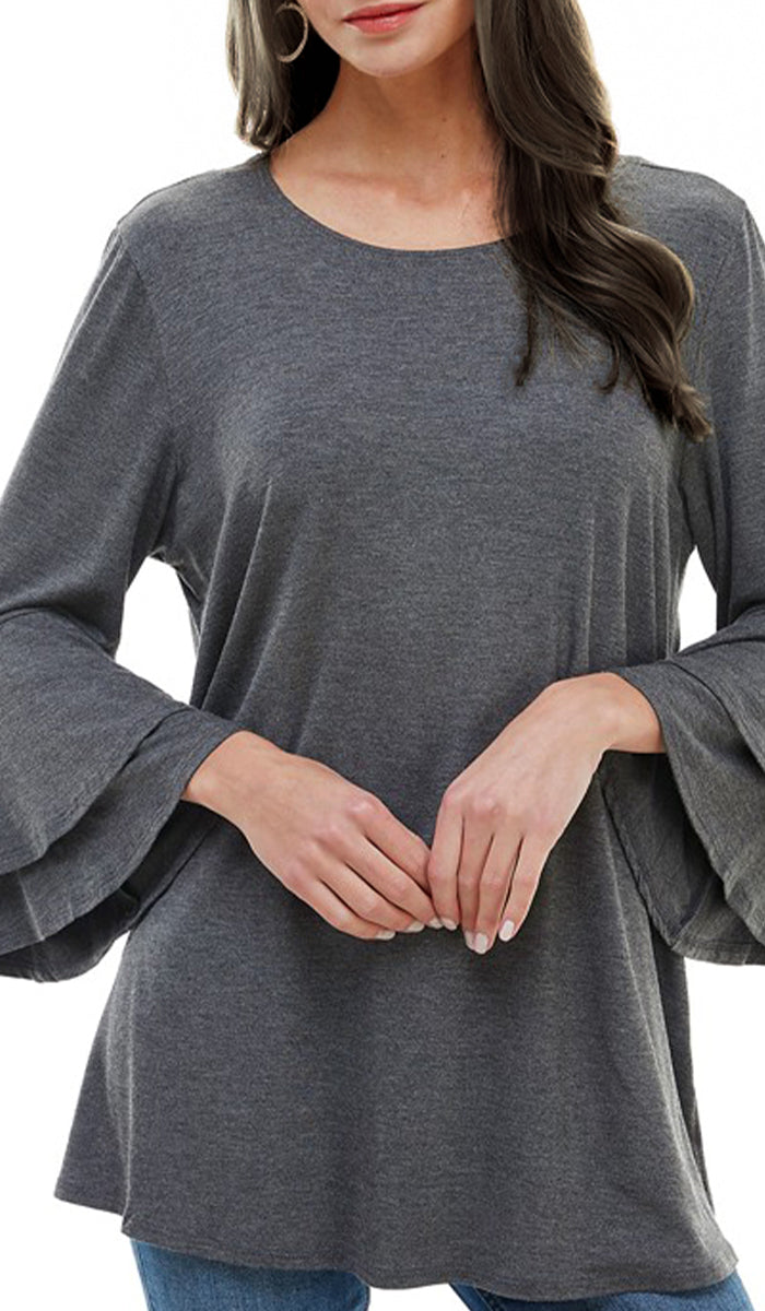 Maysa Soft Stretch Tiered Bell Sleeve Tunic - Charcoal
