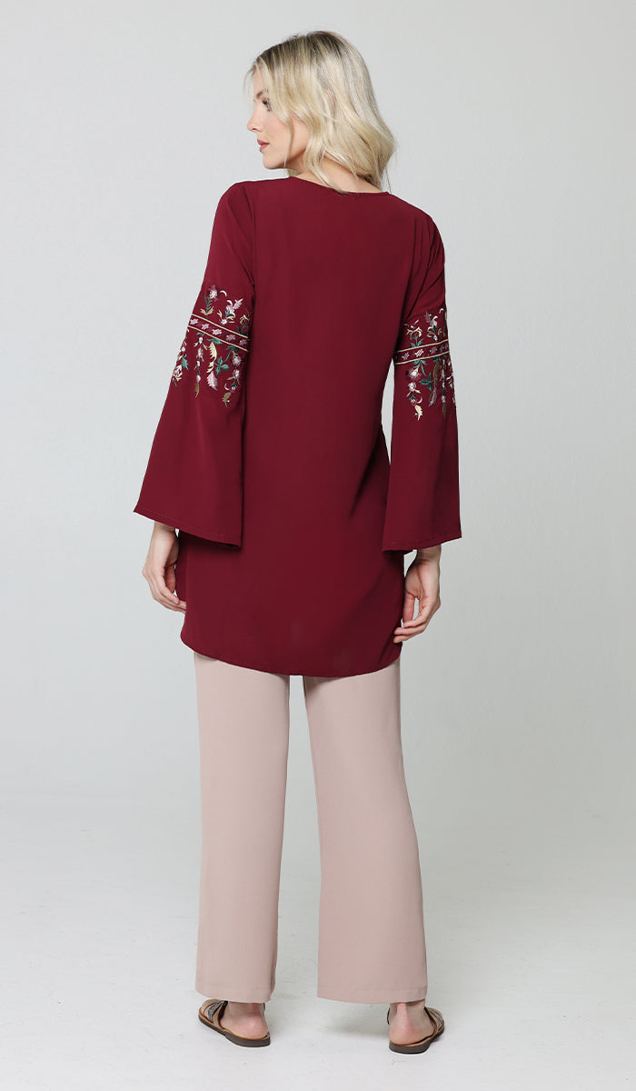 Gulzar Embroidered Long Modest Tunic - Maroon - PREORDER (ships in 2 weeks)