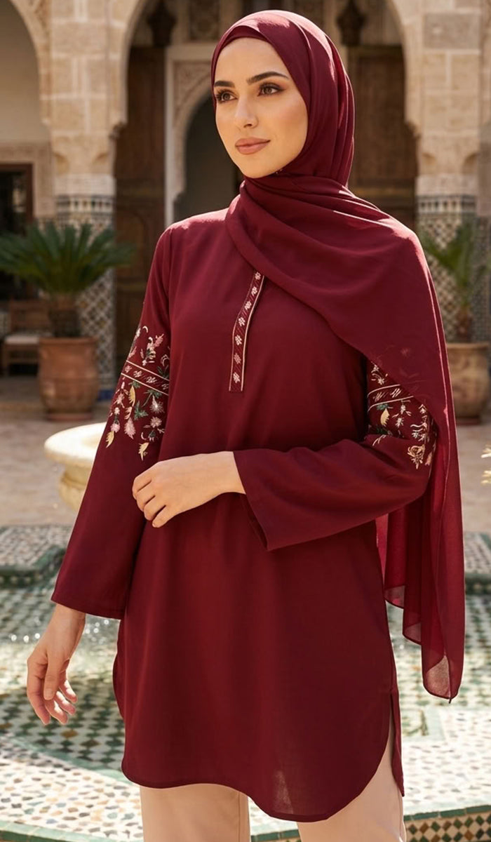 Gulzar Embroidered Long Modest Tunic - Maroon - PREORDER (ships in 2 weeks)