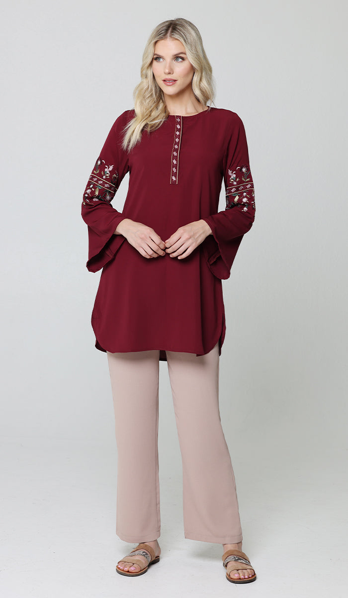 Gulzar Embroidered Long Modest Tunic - Maroon - PREORDER (ships in 2 weeks)