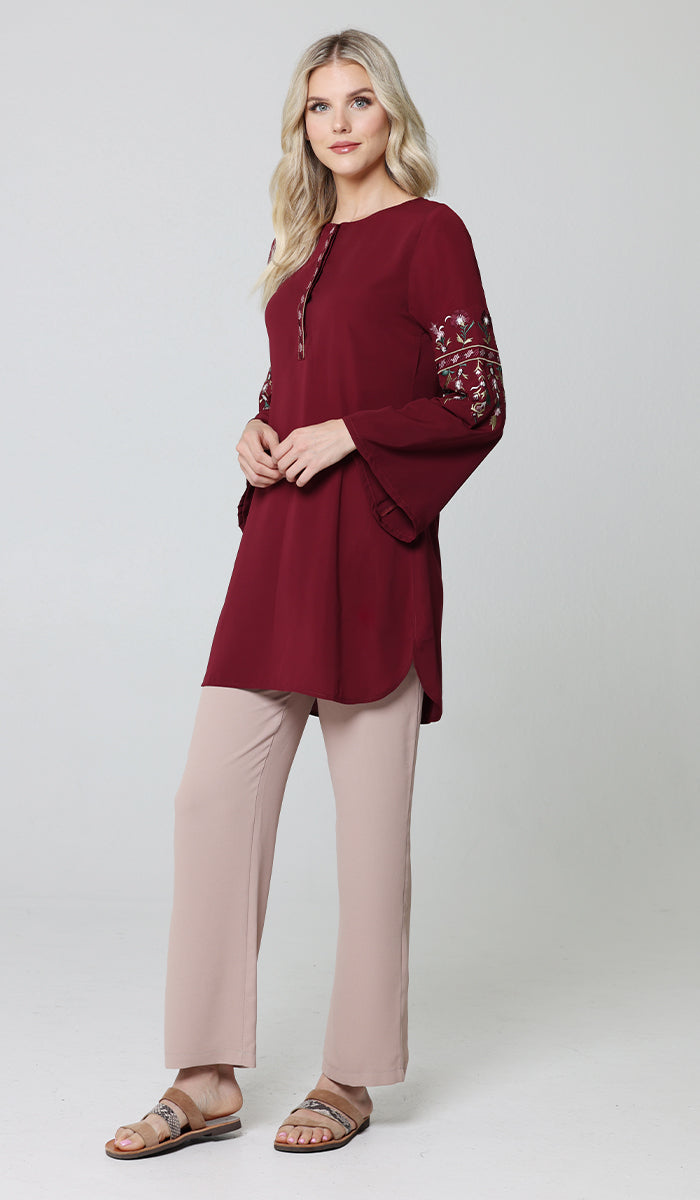 Gulzar Embroidered Long Modest Tunic - Maroon - PREORDER (ships in 2 weeks)