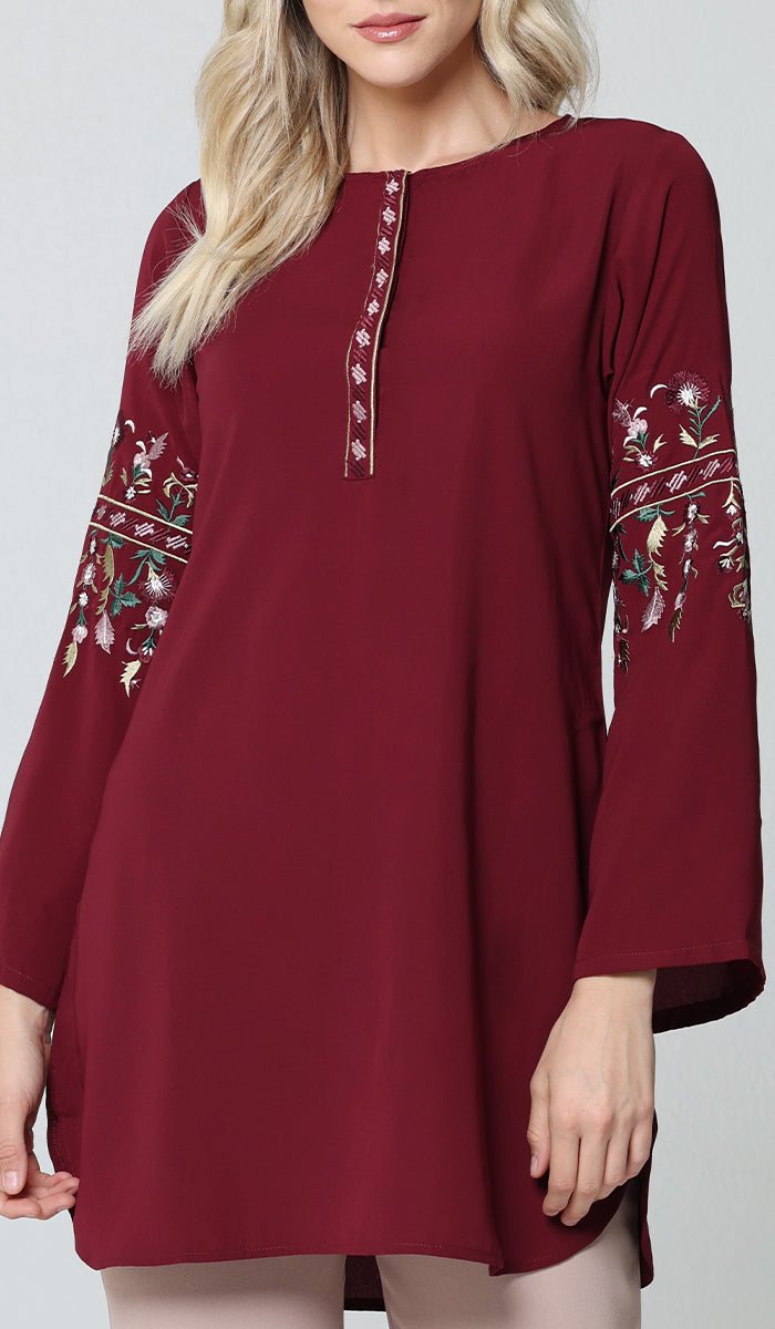 Gulzar Embroidered Long Modest Tunic - Maroon - PREORDER (ships in 2 weeks)