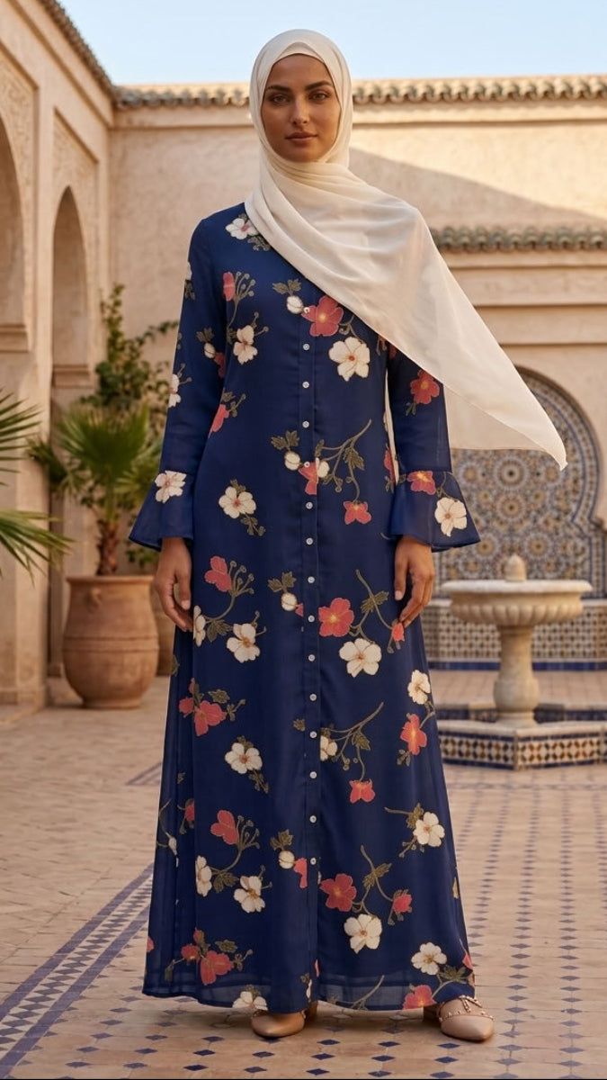 A woman wearing a navy blue floral maxi dress and a white hijab stands in a sunlit courtyard with arches, potted plants, and a tiled fountain.