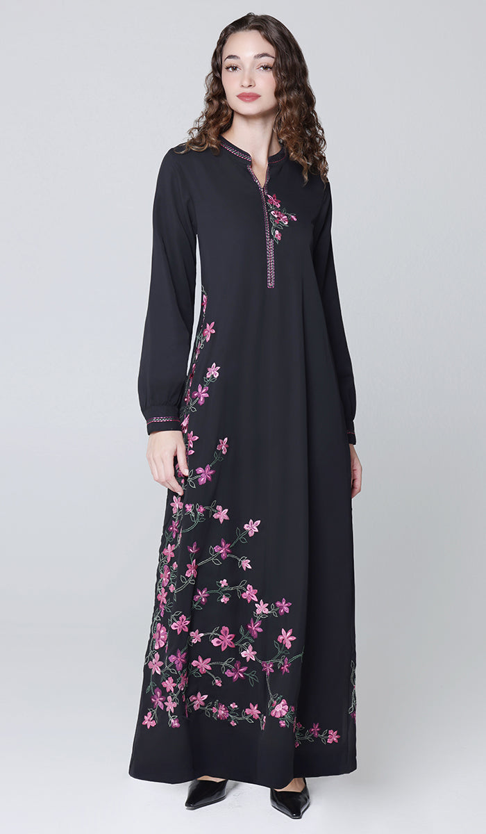 Habila Floral Embroidered Modest Long Maxi Dress - Black/ Pink - PREORDER (ships in 2 weeks)