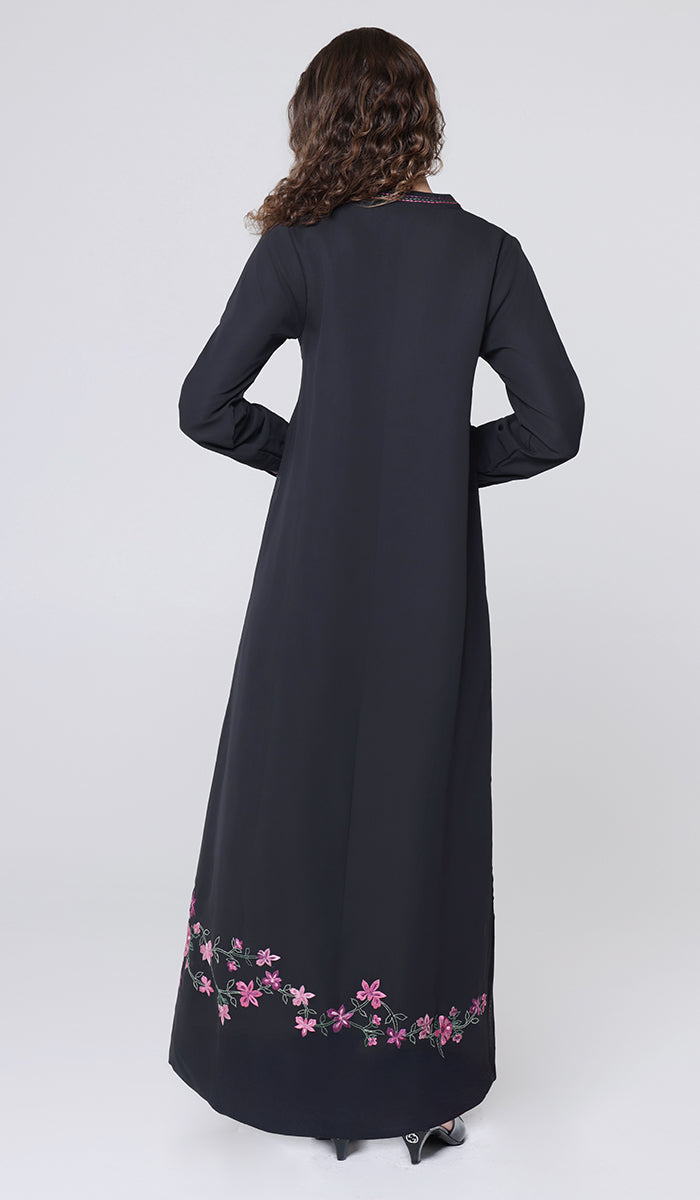 Habila Floral Embroidered Modest Long Maxi Dress - Black/ Pink - PREORDER (ships in 2 weeks)