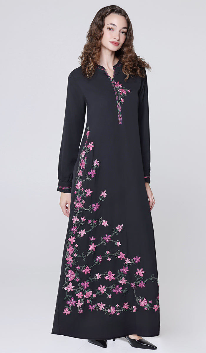 Habila Floral Embroidered Modest Long Maxi Dress - Black/ Pink - PREORDER (ships in 2 weeks)