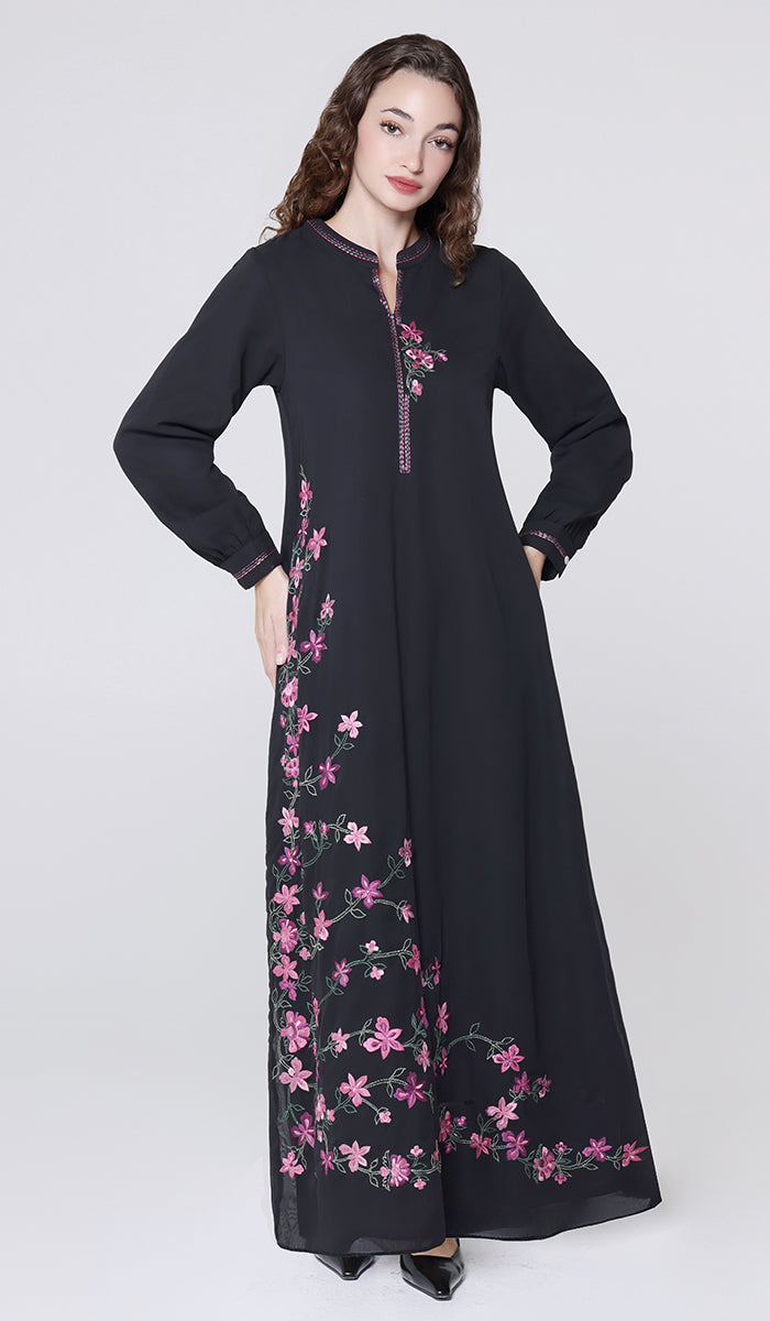 Habila Floral Embroidered Modest Long Maxi Dress - Black/ Pink - PREORDER (ships in 2 weeks)