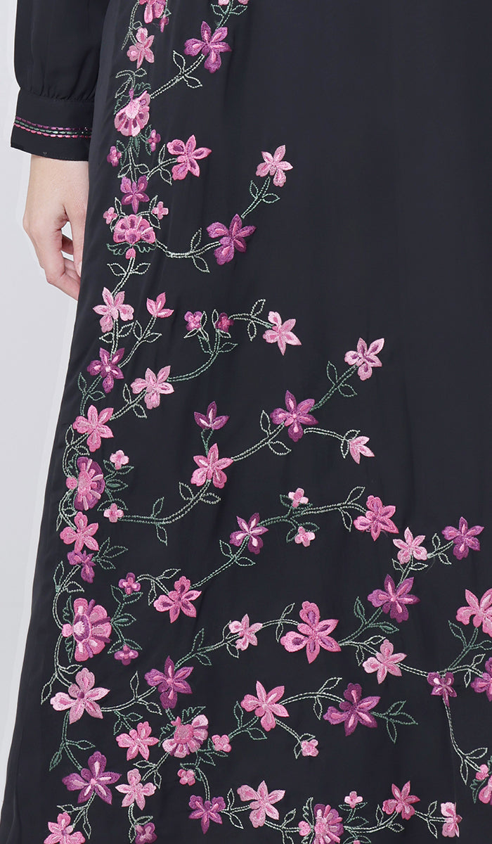 Habila Floral Embroidered Modest Long Maxi Dress - Black/ Pink - PREORDER (ships in 2 weeks)
