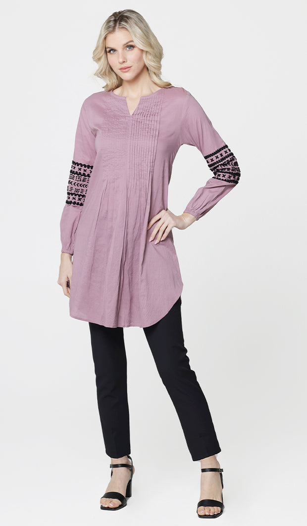 Hadiza Embroidered Cotton Modest Tunic - Dusty Mauve - PREORDER (ships in 2 weeks)