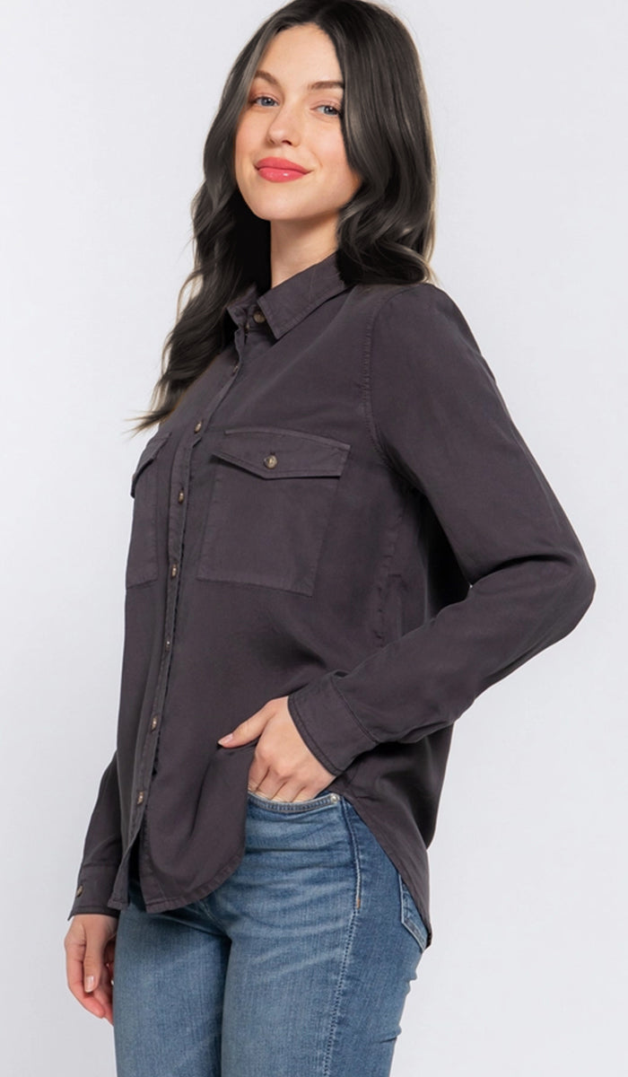 Farda - Veste chemise longue fluide boutonnée - Marine