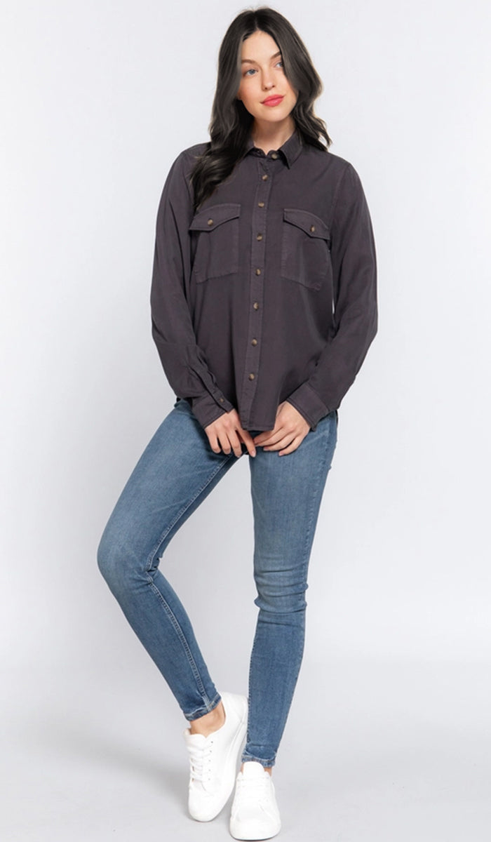Farda - Veste chemise longue fluide boutonnée - Marine