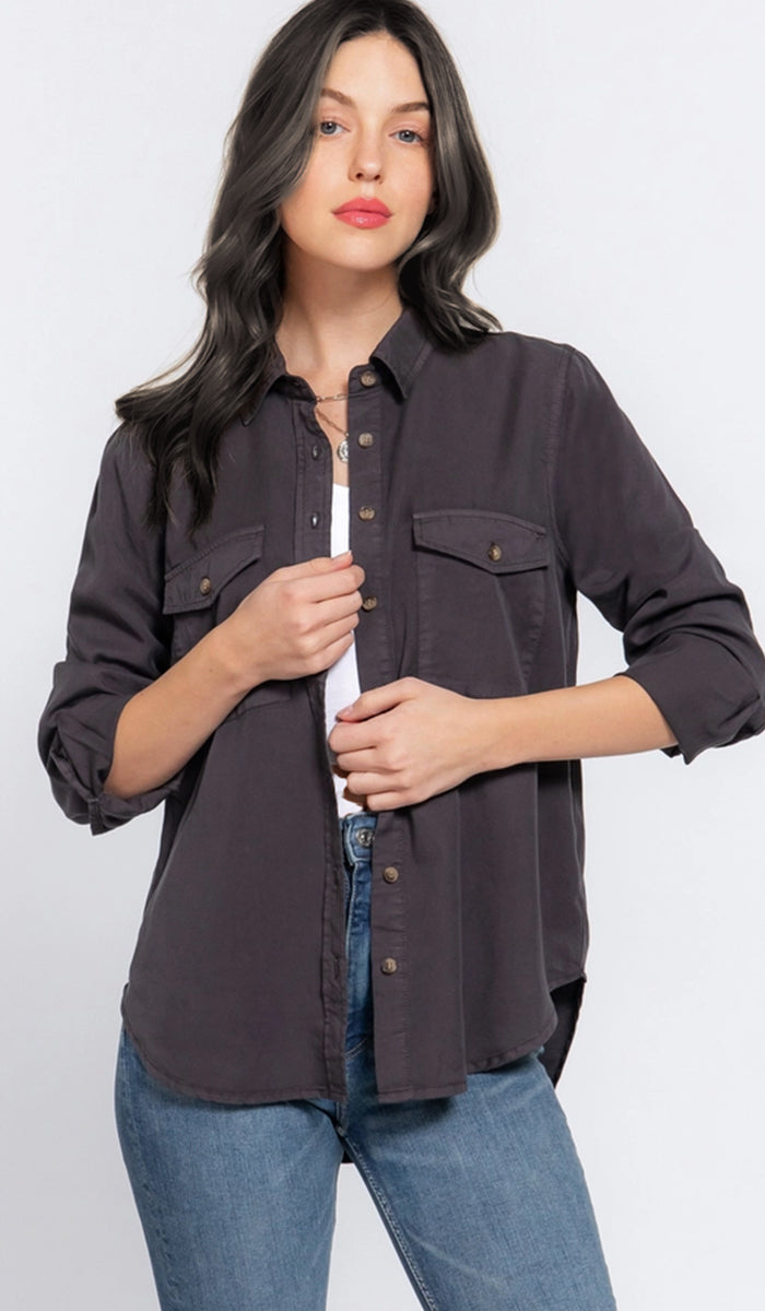 Farda - Veste chemise longue fluide boutonnée - Marine