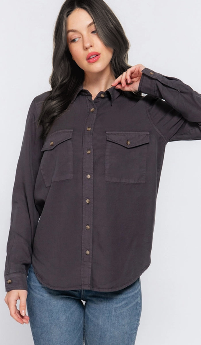 Farda - Veste chemise longue fluide boutonnée - Marine
