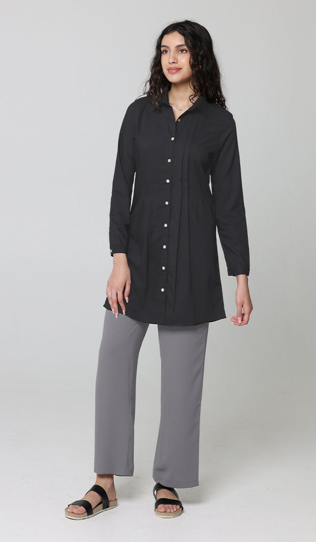 Hanane Pleated Mostly Cotton Button Down Tunic Dress - Black