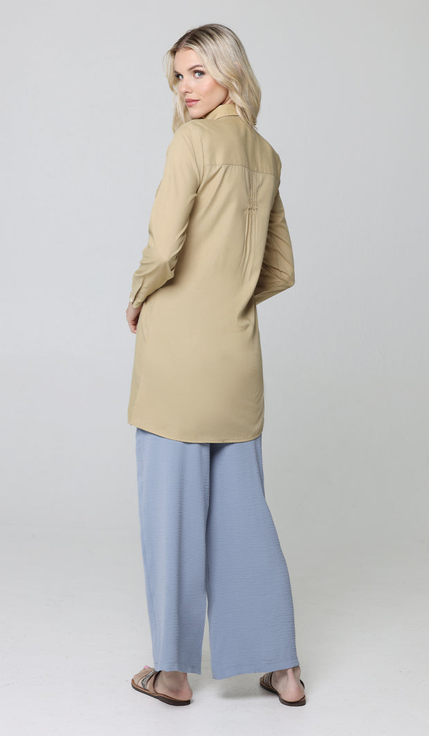 Hanane Pleated Mostly Cotton Button Down Tunic Dress - Sand - PREORDER (ships in 2 weeks)
