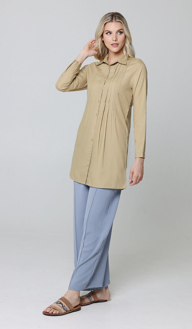 Hanane Pleated Mostly Cotton Button Down Tunic Dress - Sand - PREORDER (ships in 2 weeks)