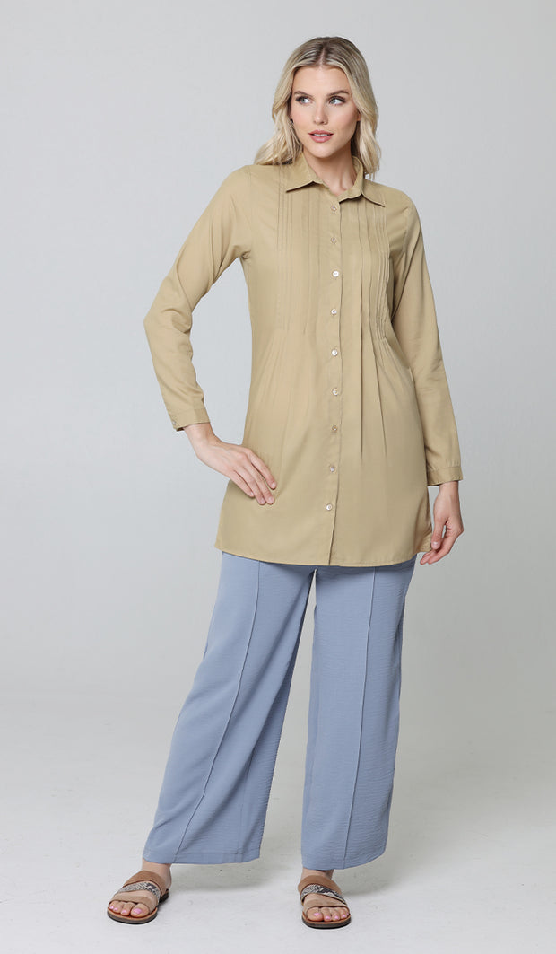 Hanane Pleated Mostly Cotton Button Down Tunic Dress - Sand