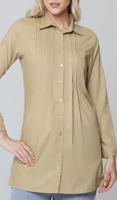 Hanane Pleated Mostly Cotton Button Down Tunic Dress - Sand - PREORDER (ships in 2 weeks)