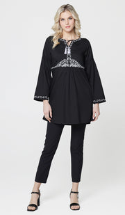 Haseen Embroidered Long Modest Tunic - Black