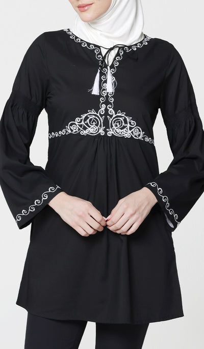 Haseen Embroidered Long Modest Tunic - Black