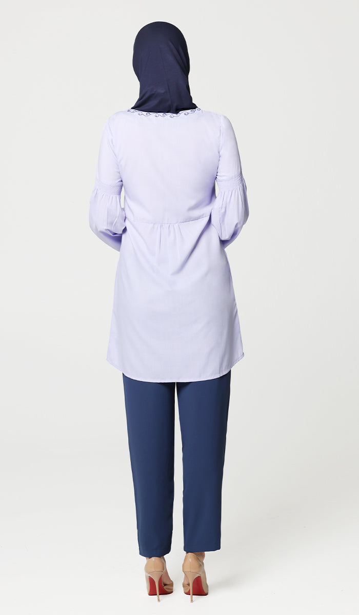 Haseen Embroidered Long Cotton Feel Modest Tunic - Lavender - FINAL SALE