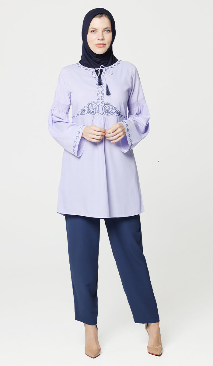 Haseen Embroidered Long Cotton Feel Modest Tunic - Lavender - FINAL SALE
