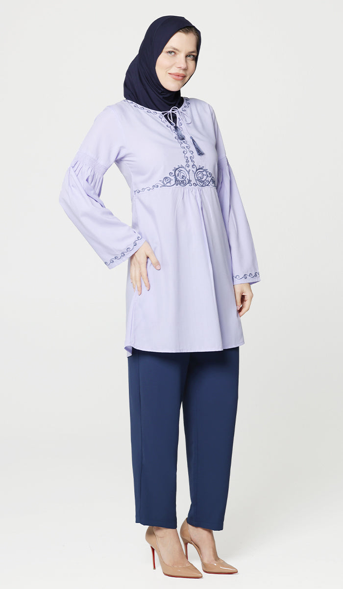 Haseen Embroidered Long Cotton Feel Modest Tunic - Lavender - FINAL SALE