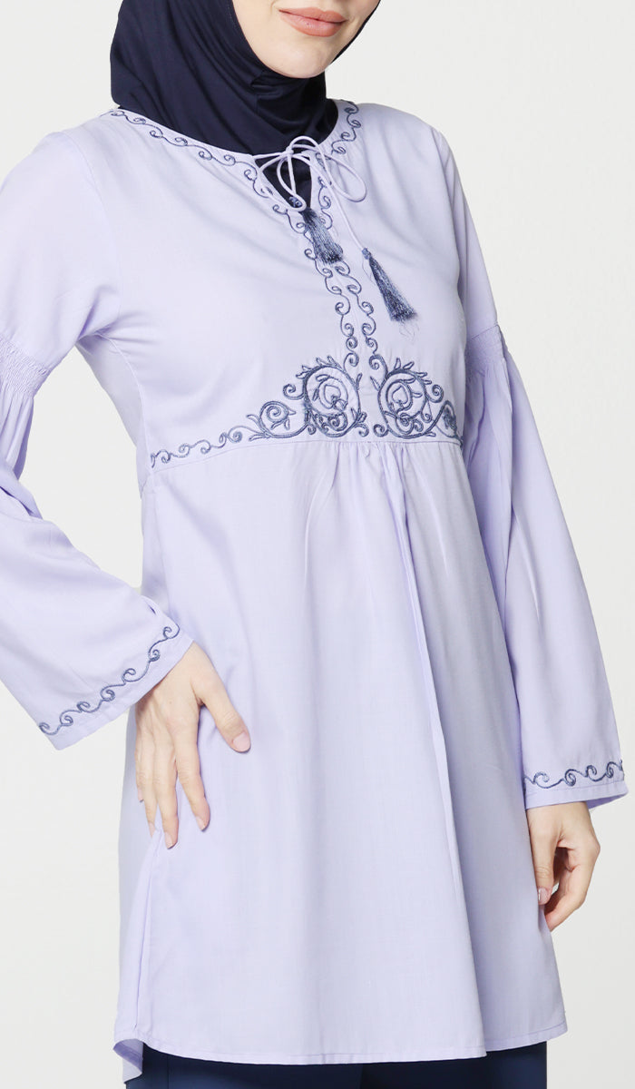 Haseen Embroidered Long Cotton Feel Modest Tunic - Lavender - FINAL SALE