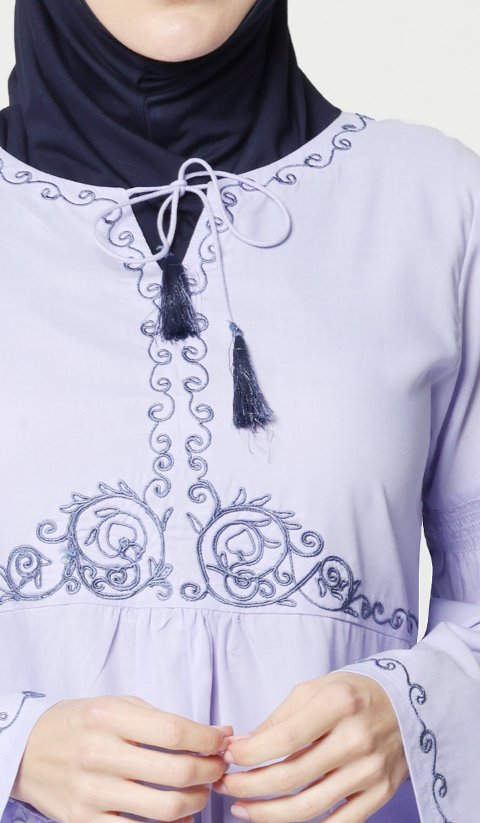 Haseen Embroidered Long Cotton Feel Modest Tunic - Lavender - FINAL SALE