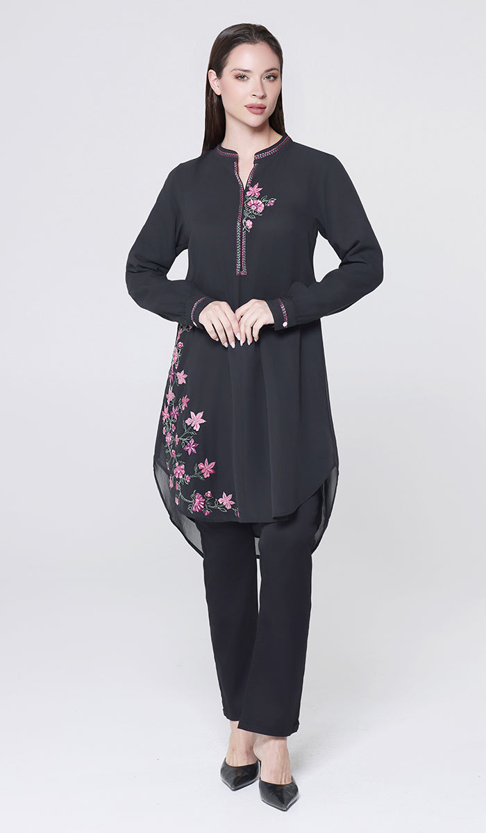 Hiba Embroidered Modest Midi Tunic - Black - PREORDER (ships in 2 weeks)