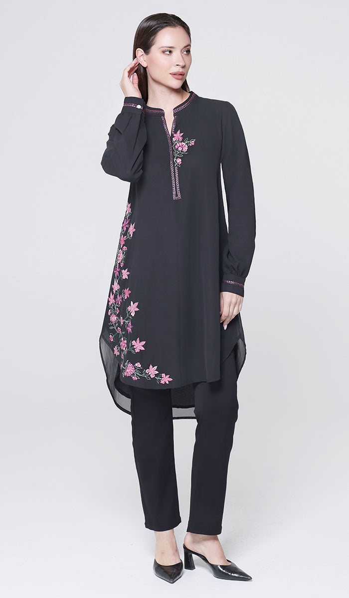 Hiba Embroidered Modest Midi Tunic - Black - PREORDER (ships in 2 weeks)