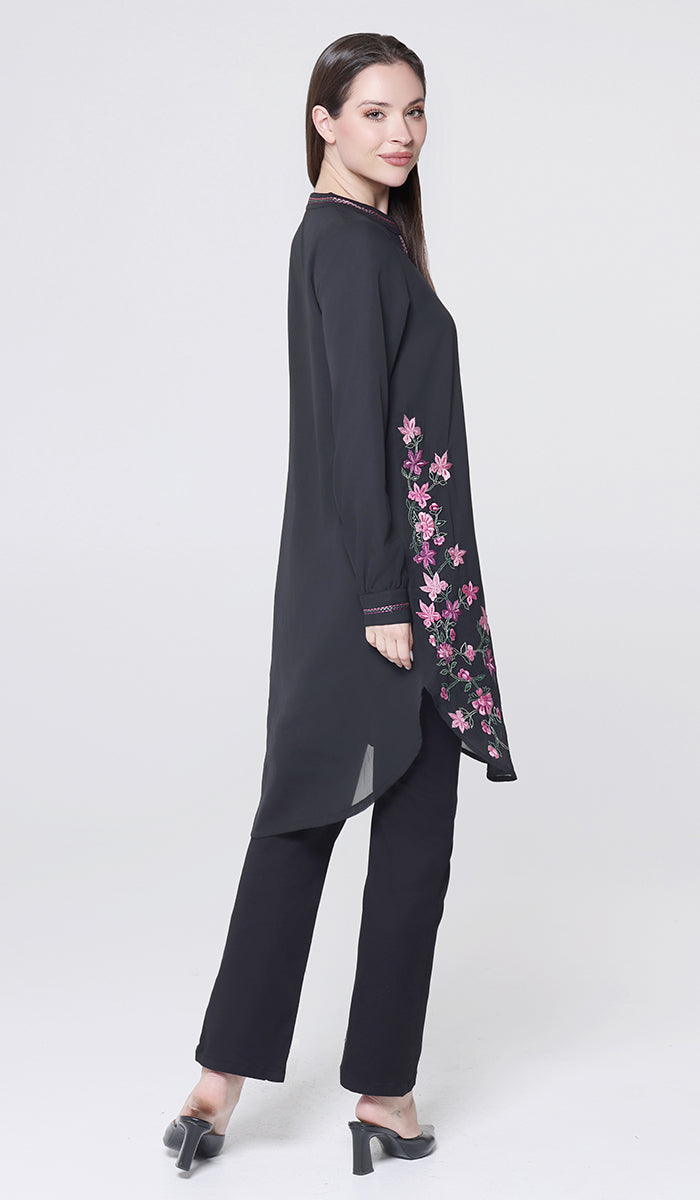 Hiba Embroidered Modest Midi Tunic - Black - PREORDER (ships in 2 weeks)