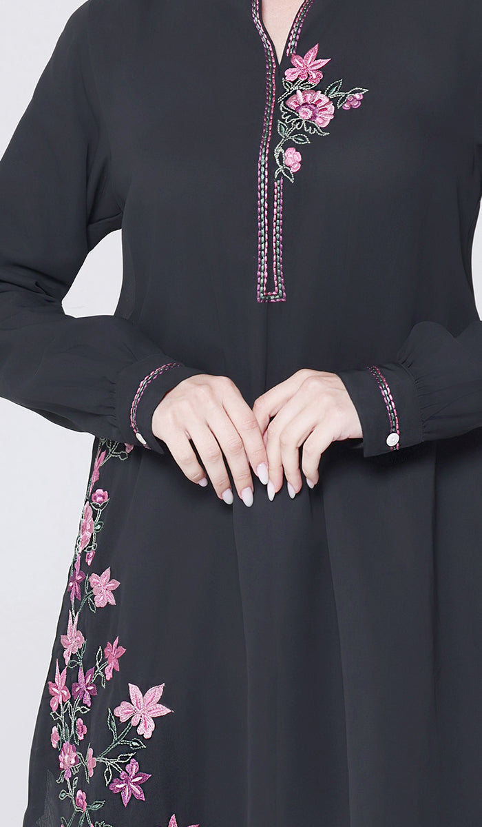 Hiba Embroidered Modest Midi Tunic - Black - PREORDER (ships in 2 weeks)