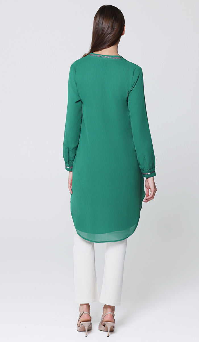 Hiba Embroidered Modest Midi Tunic - Emerald - PREORDER (ships in 2 weeks)