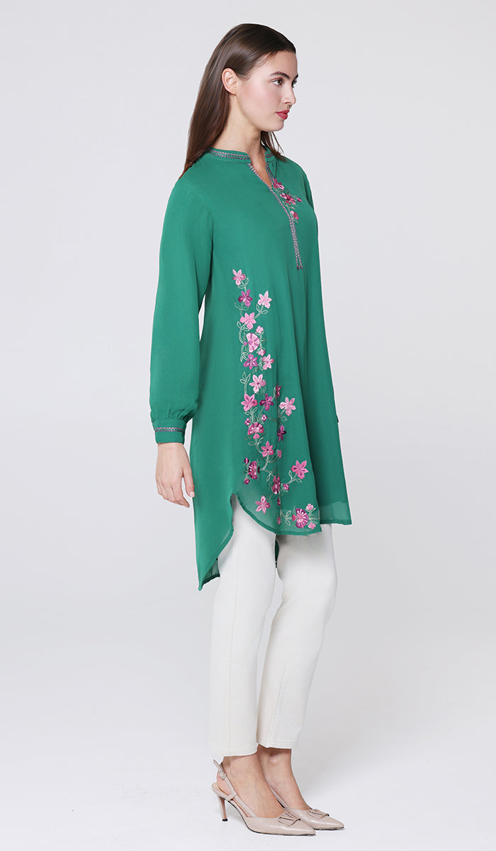 Hiba Embroidered Modest Midi Tunic - Emerald - PREORDER (ships in 2 weeks)