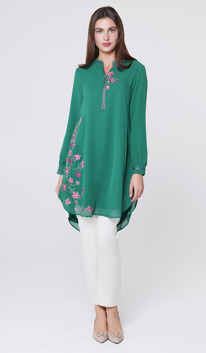Hiba Embroidered Modest Midi Tunic - Emerald - PREORDER (ships in 2 weeks)