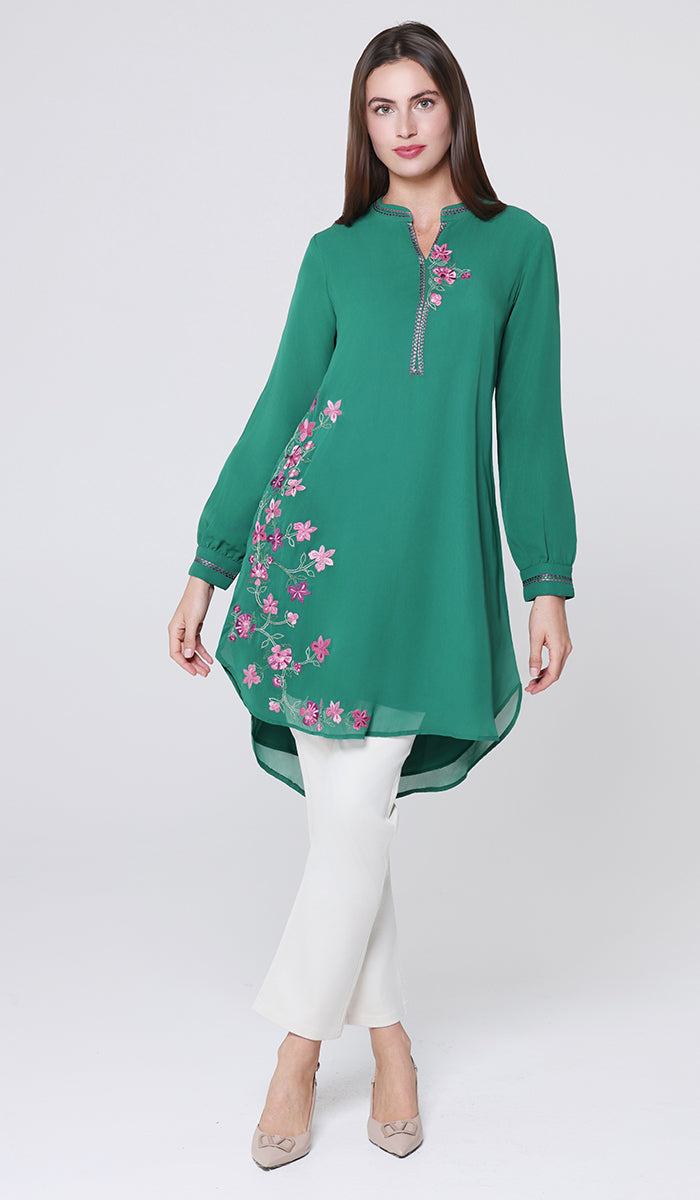 Hiba Embroidered Modest Midi Tunic - Emerald - PREORDER (ships in 2 weeks)