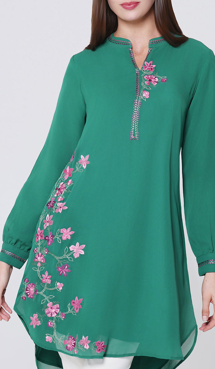 Hiba Embroidered Modest Midi Tunic - Emerald - PREORDER (ships in 2 weeks)