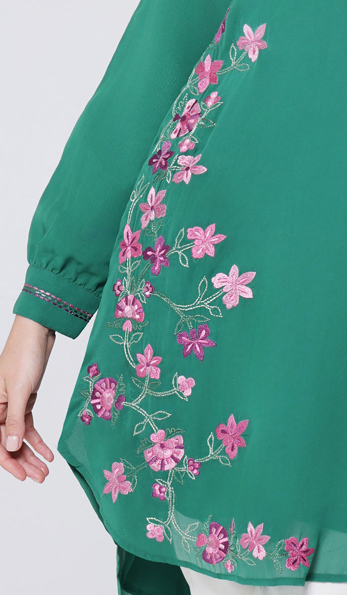 Hiba Embroidered Modest Midi Tunic - Emerald - PREORDER (ships in 2 weeks)