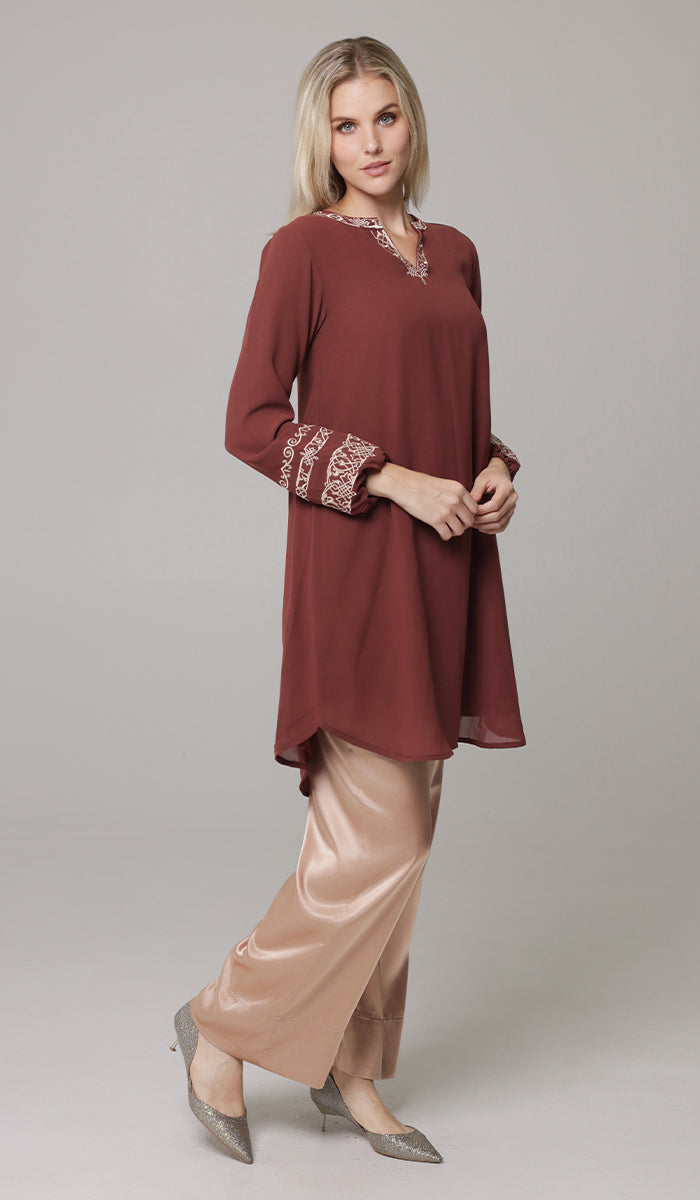 Hikmah Embroidered Modest Midi Tunic - Burgundy