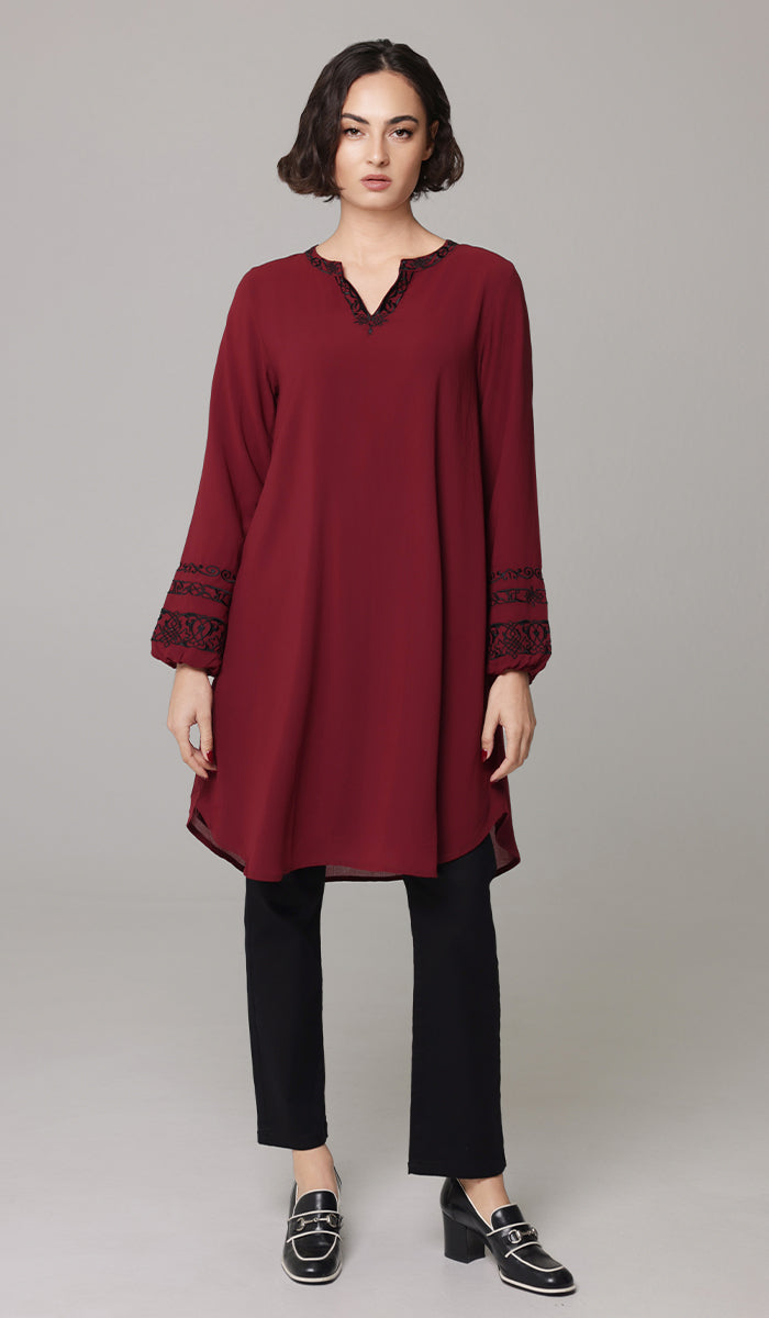 Hikmah Embroidered Modest Midi Tunic - Burgundy