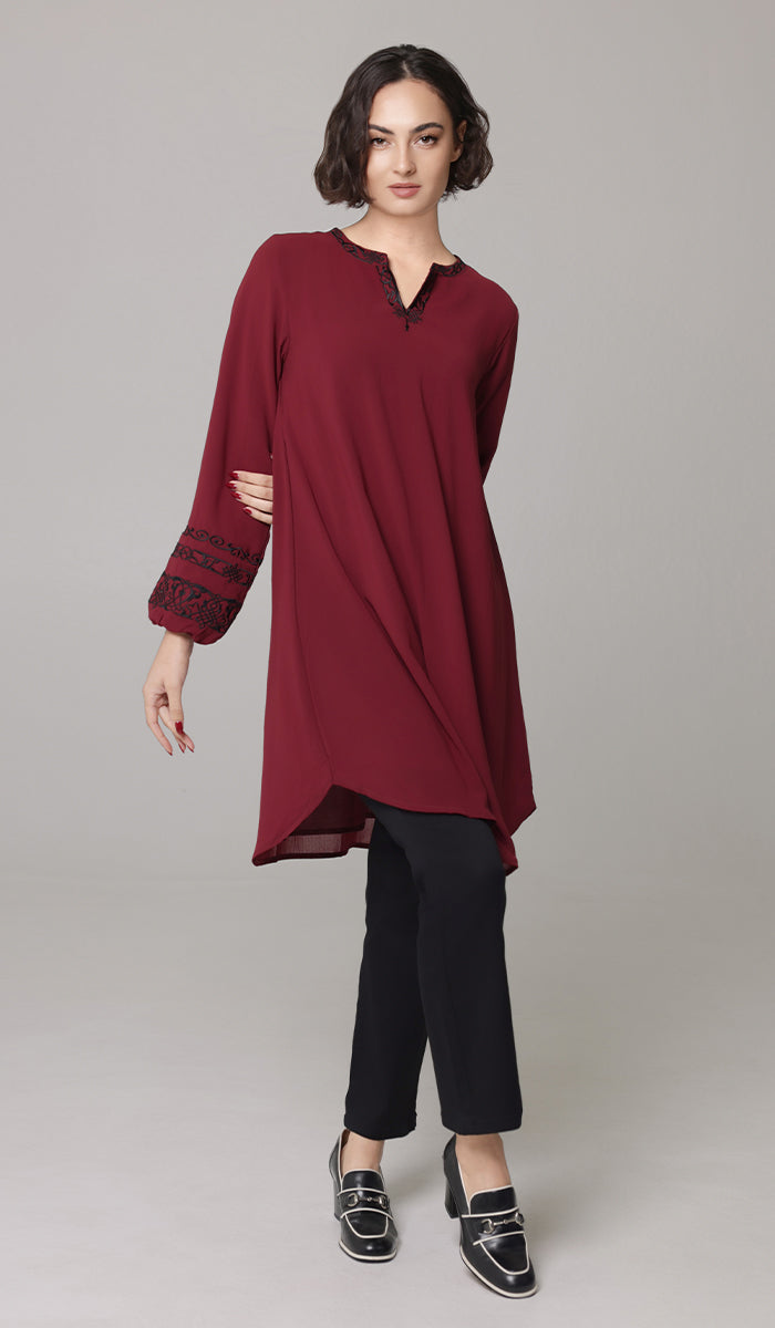 Hikmah Embroidered Modest Midi Tunic - Burgundy
