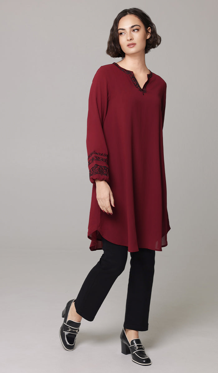 Hikmah Embroidered Modest Midi Tunic - Burgundy
