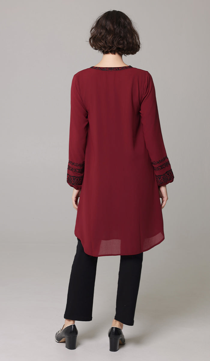 Hikmah Embroidered Modest Midi Tunic - Burgundy