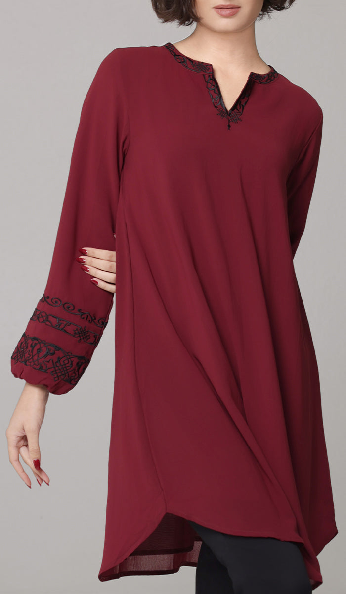 Hikmah Embroidered Modest Midi Tunic - Burgundy