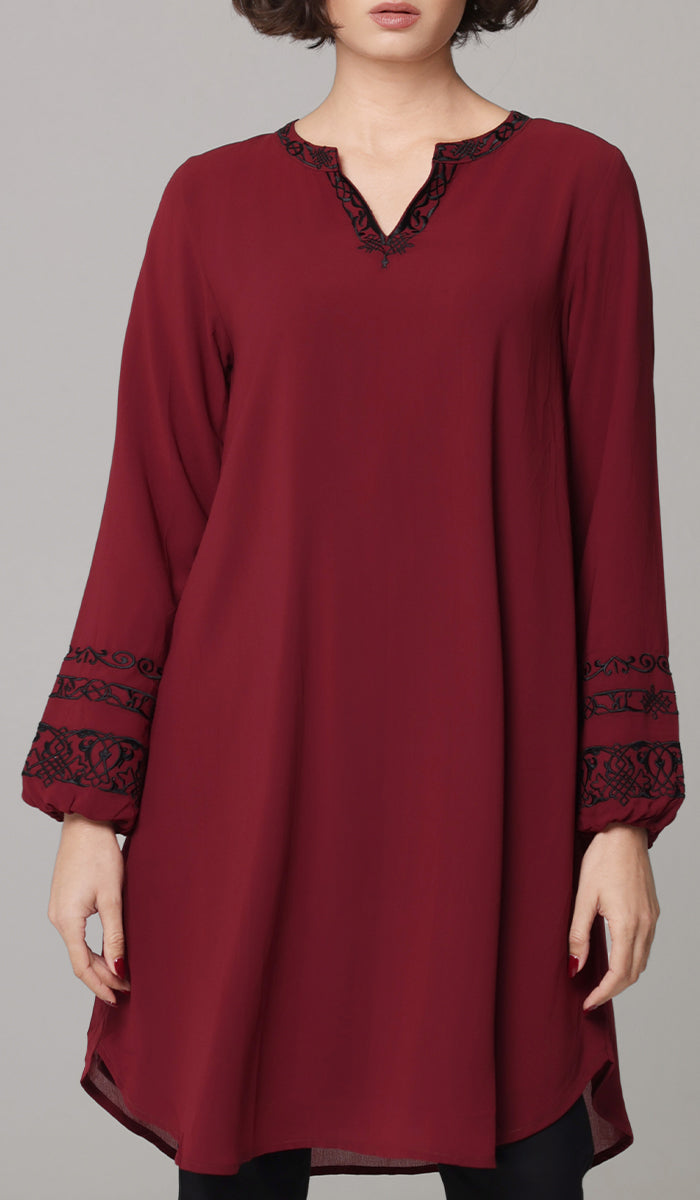 Hikmah Embroidered Modest Midi Tunic - Burgundy