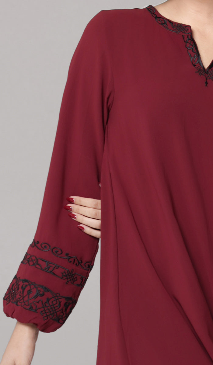 Hikmah Embroidered Modest Midi Tunic - Burgundy