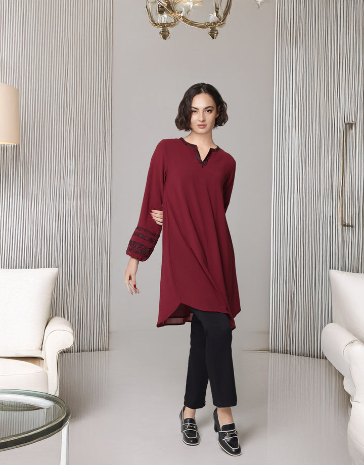 Hikmah Embroidered Modest Midi Tunic - Burgundy