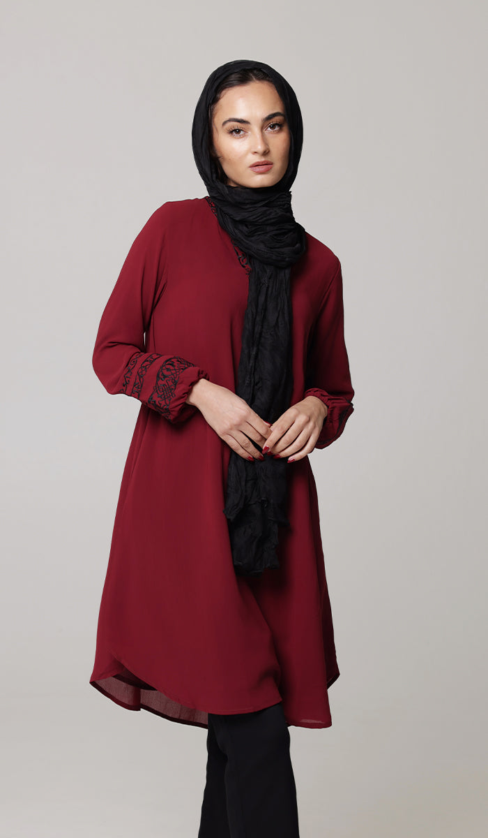 Hikmah Embroidered Modest Midi Tunic - Burgundy